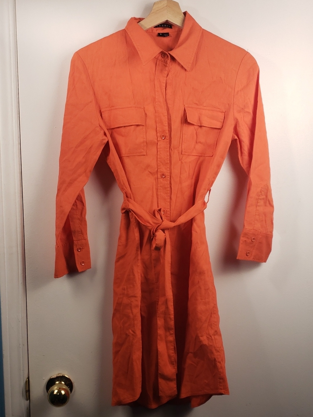 Theory Orange Linen Blend Shirt Dress with Waist Tie Size US 6
